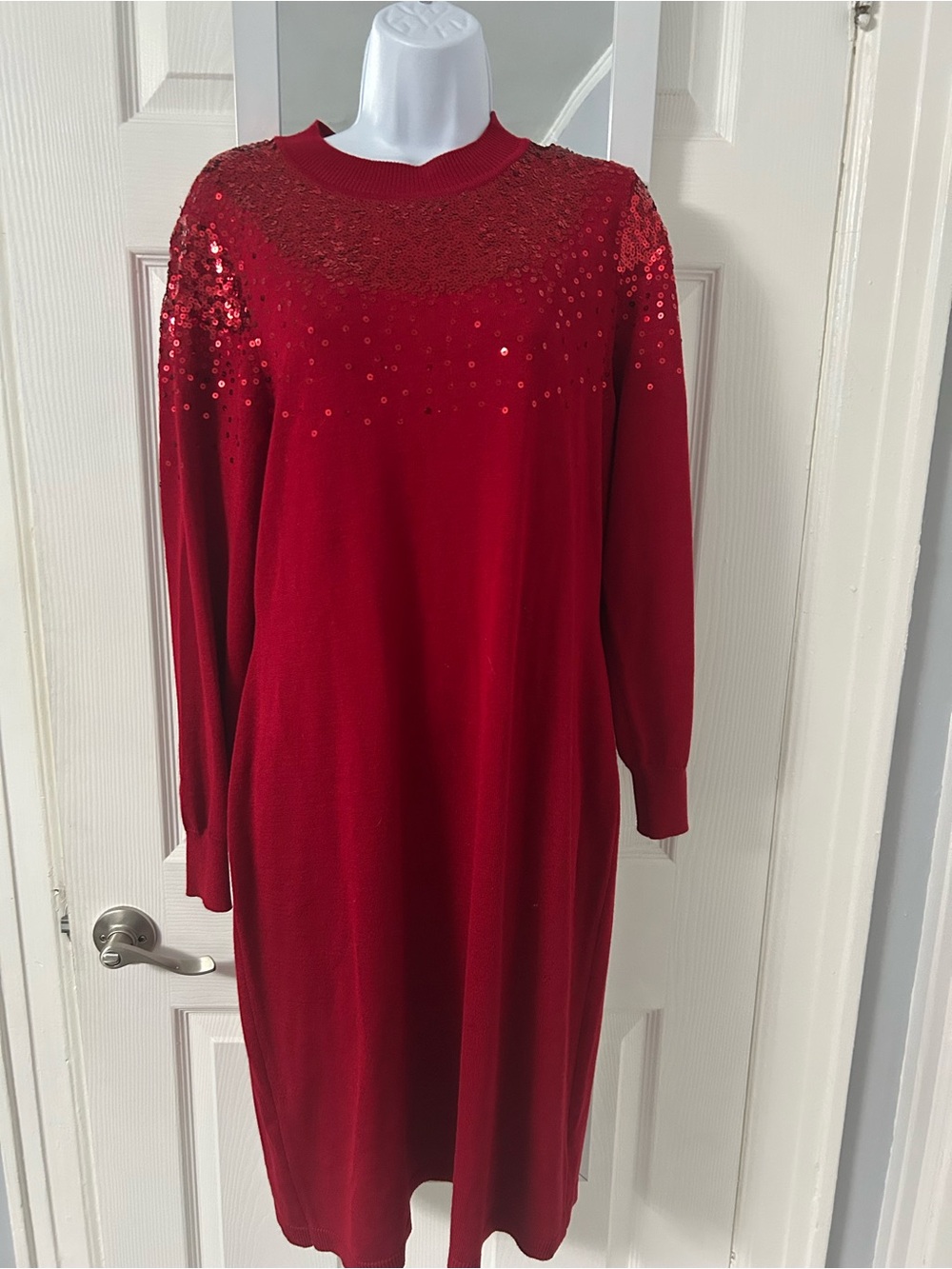 Nina Leonard Red Long-Sleeve Sequin Yoke Knit Dress